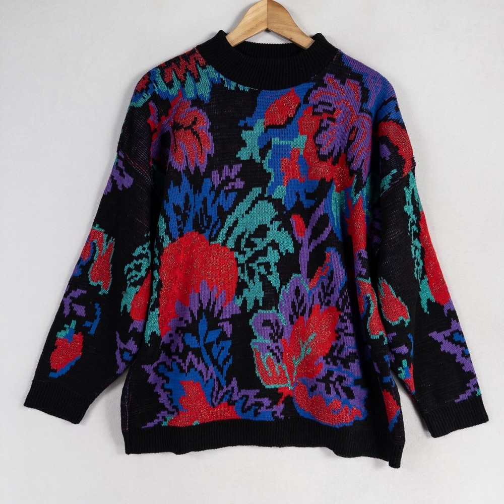 Vintage ROSE Sweater Womens One Size Multicolor Floral Bold Dopamine Dressing